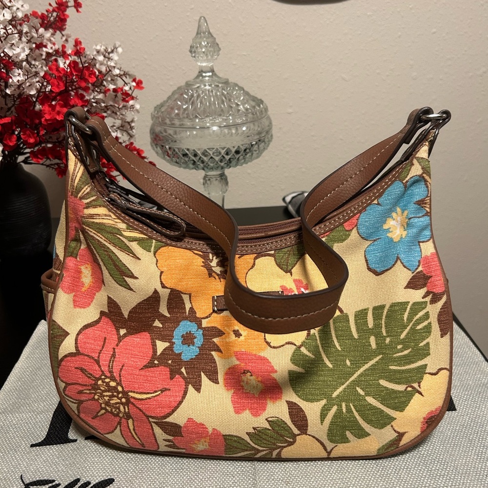 Jamaica Bay Floral Canvas Shoulder Bag with Brown Trim